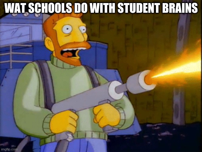 wat schools do with student brains | WAT SCHOOLS DO WITH STUDENT BRAINS | image tagged in simpsons hank scorpio flamethrower,school | made w/ Imgflip meme maker