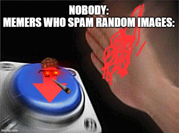 Blank Nut Button Meme | NOBODY:
MEMERS WHO SPAM RANDOM IMAGES: | image tagged in memes,blank nut button | made w/ Imgflip meme maker