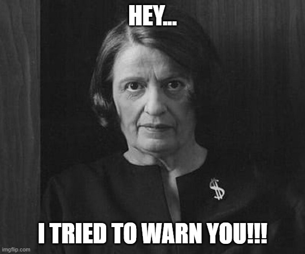 Ayn Rand | HEY... I TRIED TO WARN YOU!!! | image tagged in nwo,theft,atlas shrugged | made w/ Imgflip meme maker