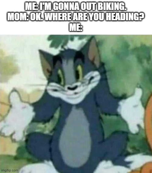 tom i dont know meme |  ME: I'M GONNA OUT BIKING.
MOM: OK. WHERE ARE YOU HEADING?
ME: | image tagged in tom i dont know meme | made w/ Imgflip meme maker