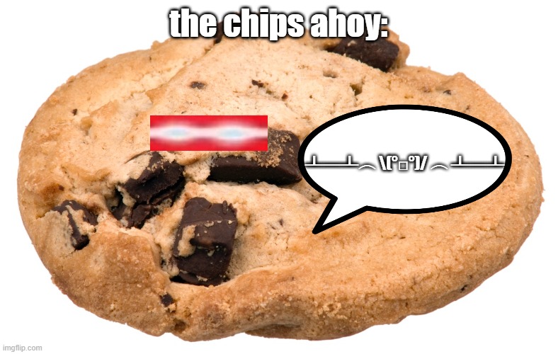 Chocolate chip cookie  | the chips ahoy: ┻━┻︵ \(°□°)/ ︵ ┻━┻ | image tagged in chocolate chip cookie | made w/ Imgflip meme maker