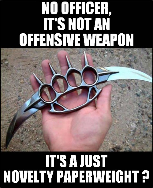 You're Going Down ! | NO OFFICER, IT'S NOT AN OFFENSIVE WEAPON; IT'S A JUST NOVELTY PAPERWEIGHT ? | image tagged in fun,weapon,arrest,frontpage | made w/ Imgflip meme maker