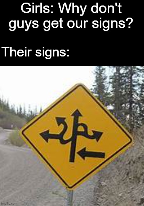 This sign is an understatement | Girls: Why don't guys get our signs? Their signs: | image tagged in memes,left exit 12 off ramp | made w/ Imgflip meme maker