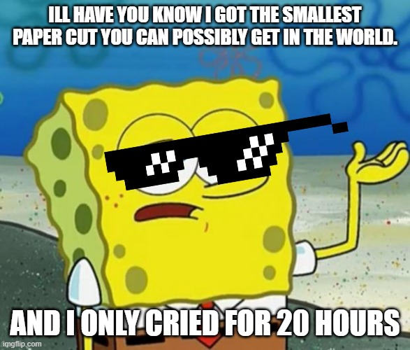 Tough Spongebob | ILL HAVE YOU KNOW I GOT THE SMALLEST PAPER CUT YOU CAN POSSIBLY GET IN THE WORLD. AND I ONLY CRIED FOR 20 HOURS | image tagged in tough guy sponge bob | made w/ Imgflip meme maker
