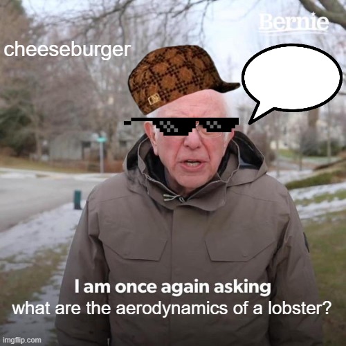 Bernie I Am Once Again Asking For Your Support Meme | cheeseburger what are the aerodynamics of a lobster? | image tagged in memes,bernie i am once again asking for your support | made w/ Imgflip meme maker