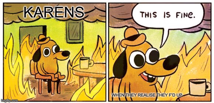This Is Fine Meme | KARENS; WHEN THEY REALISE THEY F’D UP | image tagged in memes,this is fine | made w/ Imgflip meme maker