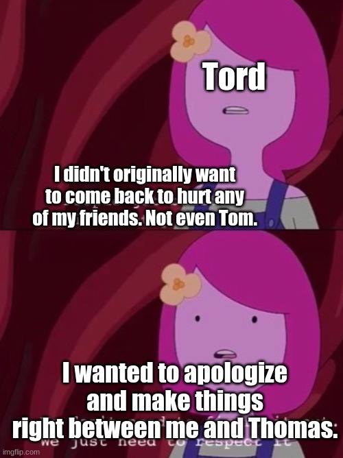 How "The end" episode should have ended | Tord; I didn't originally want to come back to hurt any of my friends. Not even Tom. I wanted to apologize and make things right between me and Thomas. | image tagged in adventure time,eddsworld | made w/ Imgflip meme maker