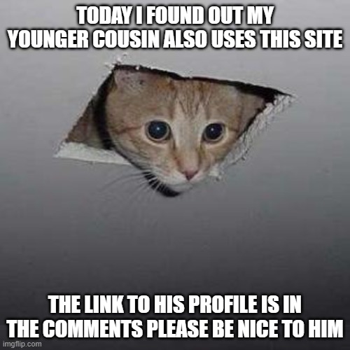 Ceiling Cat | TODAY I FOUND OUT MY YOUNGER COUSIN ALSO USES THIS SITE; THE LINK TO HIS PROFILE IS IN THE COMMENTS PLEASE BE NICE TO HIM | image tagged in memes,ceiling cat | made w/ Imgflip meme maker