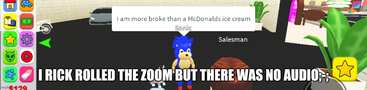 Sonic broke | I RICK ROLLED THE ZOOM BUT THERE WAS NO AUDIO;-; | image tagged in sonic broke | made w/ Imgflip meme maker