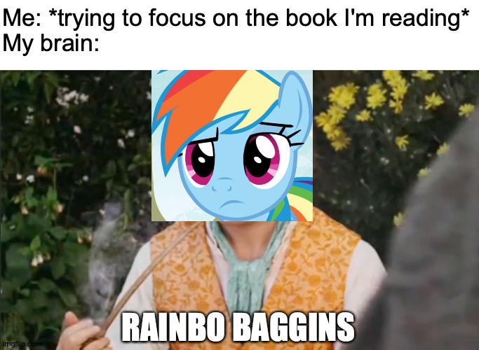 Confasticate And Bowbother | Me: *trying to focus on the book I'm reading*
My brain:; RAINBO BAGGINS; https://www.youtube.com/watch?v=KHUl1K8Z2mQ | image tagged in memes,my little pony,the hobbit,crossover,rainbow dash,bilbo baggins | made w/ Imgflip meme maker