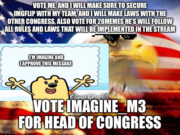Vote Imagine_m3 for Head of congress, Approved by Imagine_M3 | VOTE ME, AND I WILL MAKE SURE TO SECURE IMGFLIP WITH MY TEAM, AND I WILL MAKE LAWS WITH THE OTHER CONGRESS, ALSO VOTE FOR 28MEMES HE’S WILL FOLLOW ALL RULES AND LAWS THAT WILL BE IMPLEMENTED IN THE STREAM; I’M IMAGINE AND I APPROVE THIS MESSAGE; VOTE IMAGINE_M3 FOR HEAD OF CONGRESS | image tagged in american flag | made w/ Imgflip meme maker