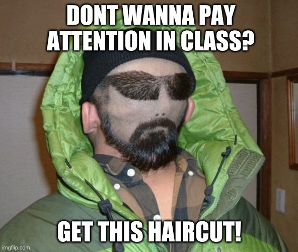 lol | DONT WANNA PAY ATTENTION IN CLASS? GET THIS HAIRCUT! | image tagged in strange haircut | made w/ Imgflip meme maker
