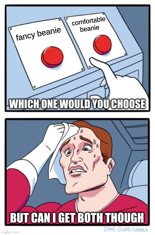 beanies | comfortable beanie; fancy beanie; WHICH ONE WOULD YOU CHOOSE; BUT CAN I GET BOTH THOUGH | image tagged in memes,two buttons | made w/ Imgflip meme maker