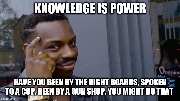 Roll Safe Think About It | KNOWLEDGE IS POWER; HAVE YOU BEEN BY THE RIGHT BOARDS, SPOKEN TO A COP, BEEN BY A GUN SHOP. YOU MIGHT DO THAT | image tagged in memes,roll safe think about it | made w/ Imgflip meme maker