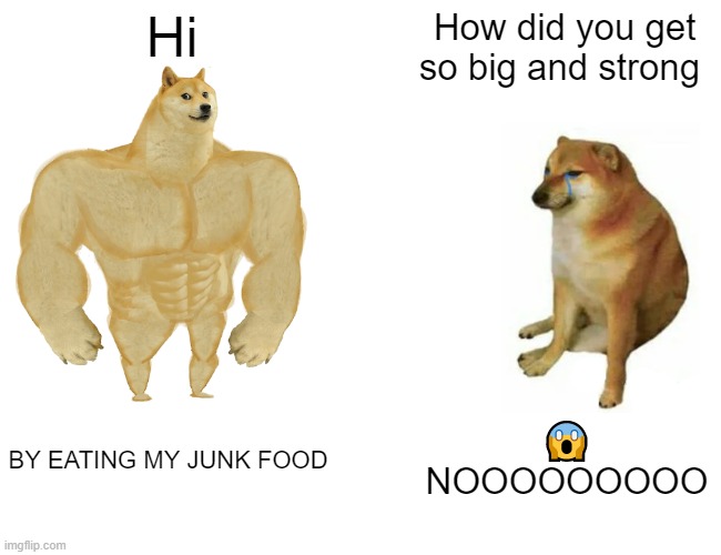 ya | Hi; How did you get so big and strong; BY EATING MY JUNK FOOD; 😱
NOOOOOOOOO | image tagged in buff doge vs cheems | made w/ Imgflip meme maker