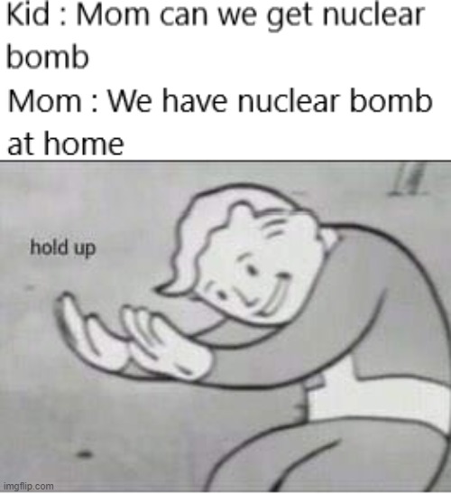Im out of joke, sorry. | image tagged in fallout hold up,hold up,memes,fun,nuclear,nuclear bomb | made w/ Imgflip meme maker