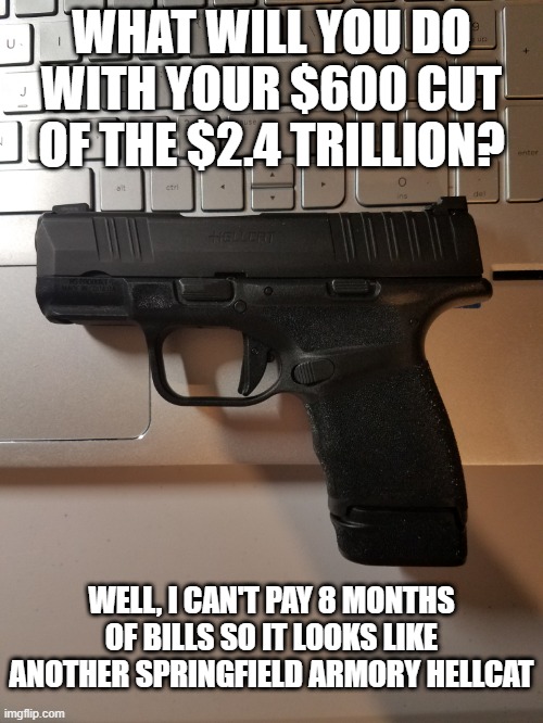 Travesty | WHAT WILL YOU DO WITH YOUR $600 CUT OF THE $2.4 TRILLION? WELL, I CAN'T PAY 8 MONTHS OF BILLS SO IT LOOKS LIKE ANOTHER SPRINGFIELD ARMORY HELLCAT | image tagged in covid-19,stimulus,nancy pelosi | made w/ Imgflip meme maker