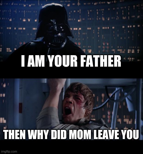 Star Wars No Meme | I AM YOUR FATHER; THEN WHY DID MOM LEAVE YOU | image tagged in memes,star wars no | made w/ Imgflip meme maker
