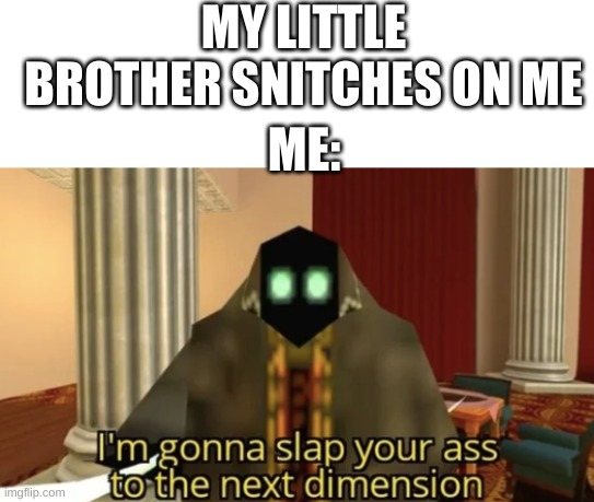 I'm gonna slap your ass to the next dimension | MY LITTLE BROTHER SNITCHES ON ME; ME: | image tagged in i'm gonna slap your ass to the next dimension,smg4 | made w/ Imgflip meme maker