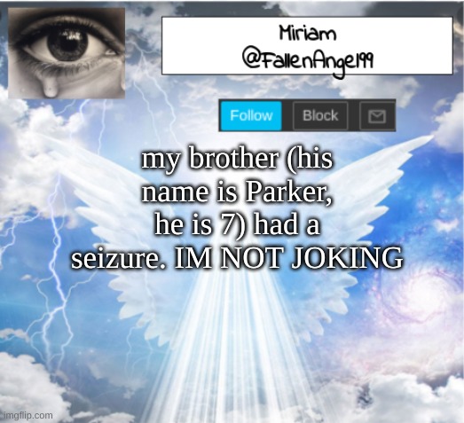 *is scaredaf* | my brother (his name is Parker, he is 7) had a seizure. IM NOT JOKING | image tagged in fallenangel99's template | made w/ Imgflip meme maker