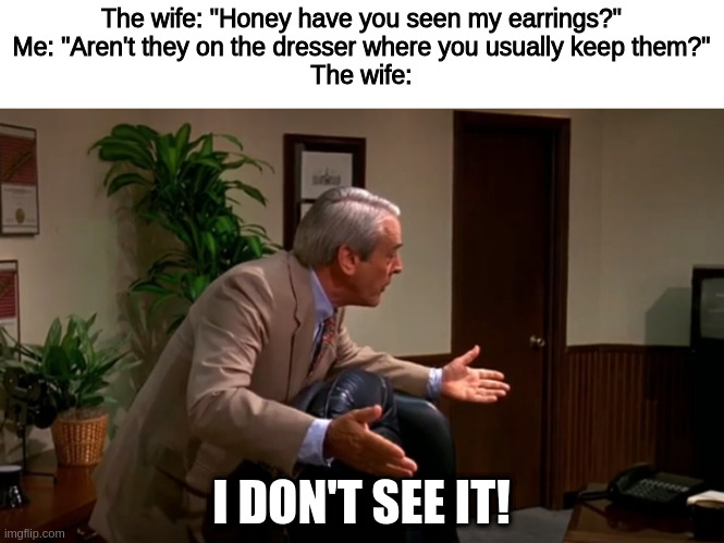 "I don't see it!" | The wife: "Honey have you seen my earrings?"
Me: "Aren't they on the dresser where you usually keep them?"
The wife:; I DON'T SEE IT! | image tagged in memes,wife,husband | made w/ Imgflip meme maker