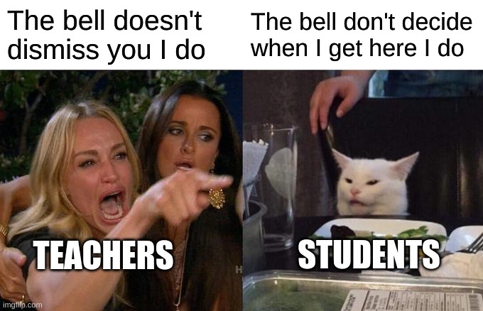 Woman Yelling At Cat | The bell doesn't dismiss you I do; The bell don't decide when I get here I do; STUDENTS; TEACHERS | image tagged in memes,woman yelling at cat | made w/ Imgflip meme maker