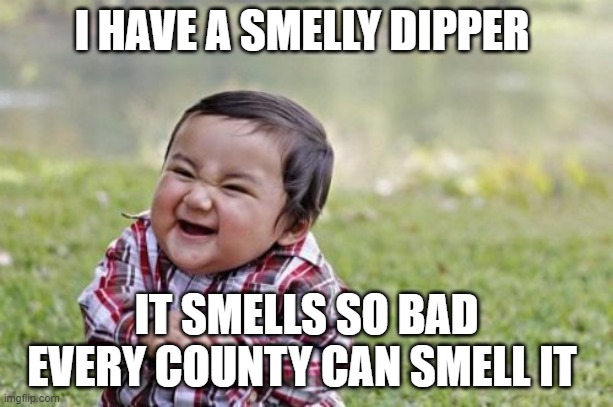 smelly dipper | I HAVE A SMELLY DIPPER; IT SMELLS SO BAD EVERY COUNTY CAN SMELL IT | image tagged in memes,evil toddler | made w/ Imgflip meme maker