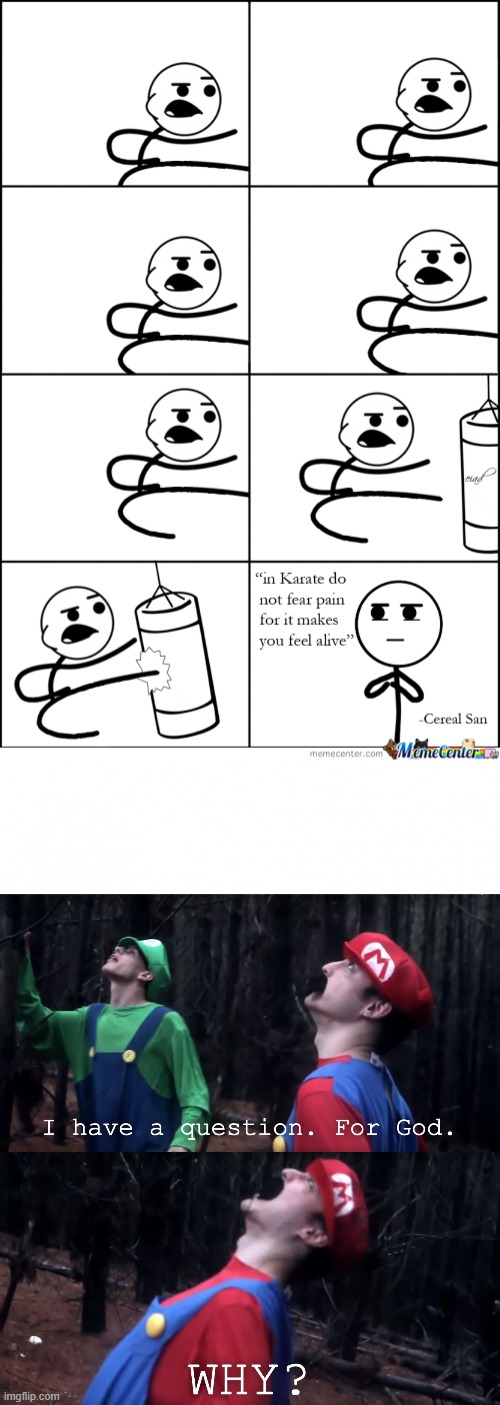 i realized cereal guy is a karate and now i can't unsee it | image tagged in i have a question for god,cereal guy,karate | made w/ Imgflip meme maker