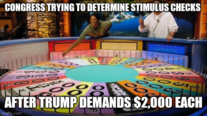 Wheel of fortune  | CONGRESS TRYING TO DETERMINE STIMULUS CHECKS; AFTER TRUMP DEMANDS $2,000 EACH | image tagged in wheel of fortune | made w/ Imgflip meme maker