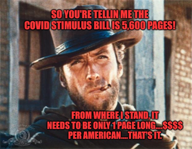 Clint Eastwood | SO YOU'RE TELLIN ME THE COVID STIMULUS BILL IS 5,600 PAGES! FROM WHERE I STAND, IT NEEDS TO BE ONLY 1 PAGE LONG....$$$$ PER AMERICAN....THAT'S IT. | image tagged in clint eastwood | made w/ Imgflip meme maker