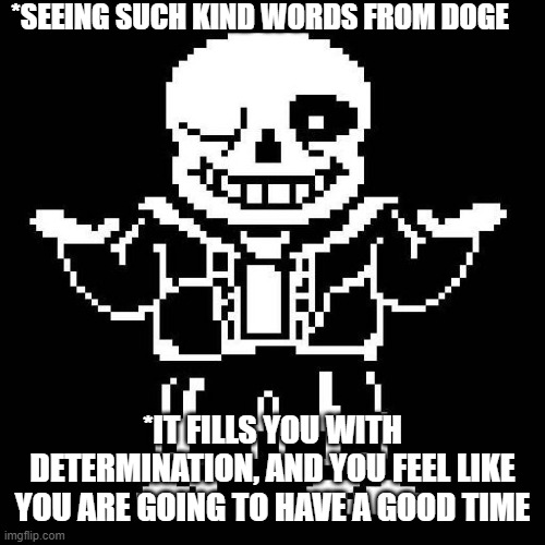 sans undertale | *SEEING SUCH KIND WORDS FROM DOGE *IT FILLS YOU WITH DETERMINATION, AND YOU FEEL LIKE YOU ARE GOING TO HAVE A GOOD TIME | image tagged in sans undertale | made w/ Imgflip meme maker