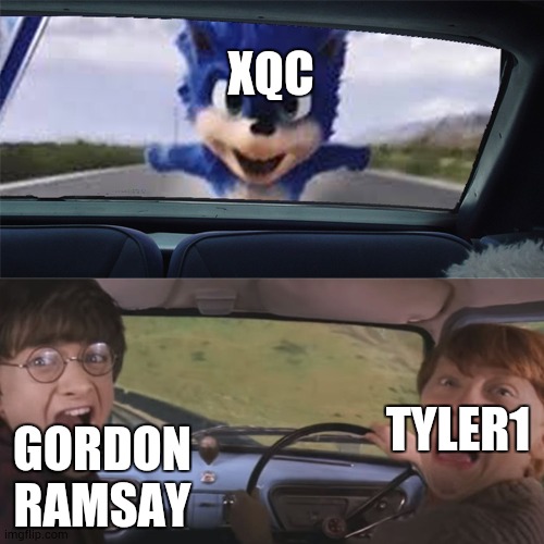 the King of trashtalker | XQC; TYLER1; GORDON RAMSAY | image tagged in sonic chasing | made w/ Imgflip meme maker