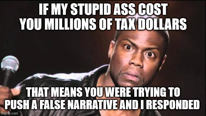 kevin heart idiot | IF MY STUPID ASS COST YOU MILLIONS OF TAX DOLLARS; THAT MEANS YOU WERE TRYING TO PUSH A FALSE NARRATIVE AND I RESPONDED | image tagged in kevin heart idiot | made w/ Imgflip meme maker