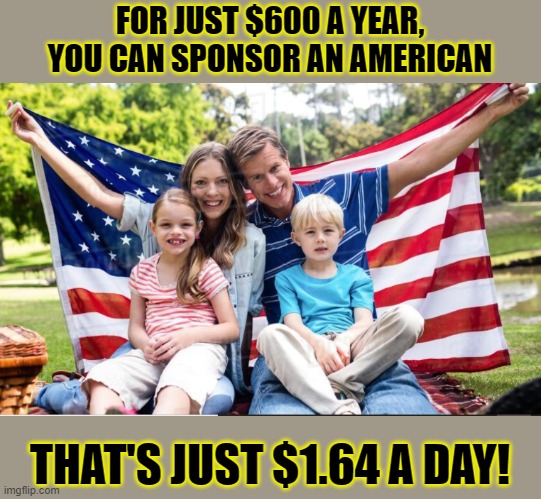 USAcef |  FOR JUST $600 A YEAR, YOU CAN SPONSOR AN AMERICAN; THAT'S JUST $1.64 A DAY! | image tagged in covid-19,trump,biden,2020 sucks | made w/ Imgflip meme maker