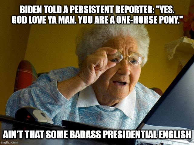 Grandma Finds The Internet | BIDEN TOLD A PERSISTENT REPORTER: "YES. GOD LOVE YA MAN. YOU ARE A ONE-HORSE PONY."; AIN'T THAT SOME BADASS PRESIDENTIAL ENGLISH | image tagged in memes,grandma finds the internet | made w/ Imgflip meme maker