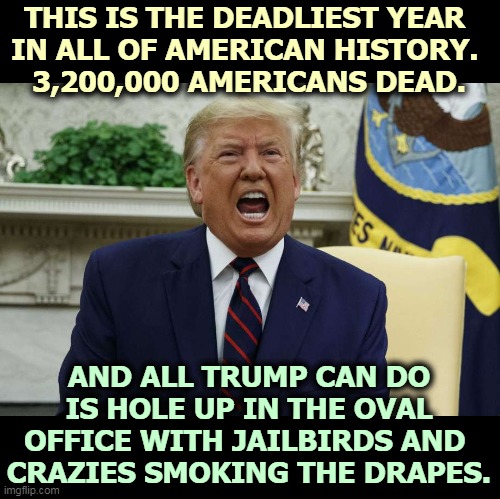 Donald Trump, AWOL | THIS IS THE DEADLIEST YEAR 
IN ALL OF AMERICAN HISTORY. 
3,200,000 AMERICANS DEAD. AND ALL TRUMP CAN DO IS HOLE UP IN THE OVAL OFFICE WITH JAILBIRDS AND 
CRAZIES SMOKING THE DRAPES. | image tagged in trump,pandemic,incompetence | made w/ Imgflip meme maker