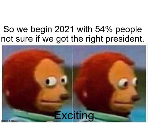 Monkey Puppet | So we begin 2021 with 54% people not sure if we got the right president. Exciting. | image tagged in memes,monkey puppet | made w/ Imgflip meme maker