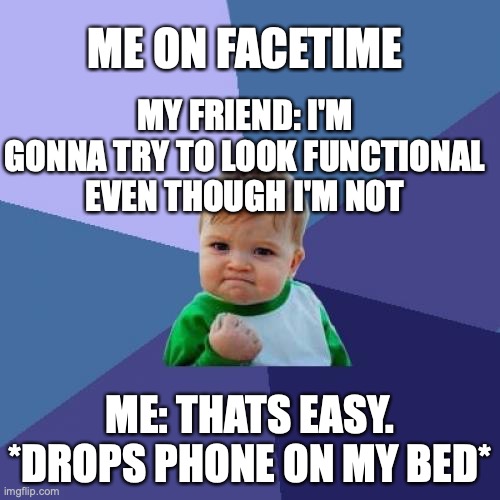 This legit happened | ME ON FACETIME; MY FRIEND: I'M GONNA TRY TO LOOK FUNCTIONAL EVEN THOUGH I'M NOT; ME: THATS EASY. *DROPS PHONE ON MY BED* | image tagged in memes,success kid,then all you see is black,i have to credit my friend for this,but im not gonna say her name,ooooo | made w/ Imgflip meme maker