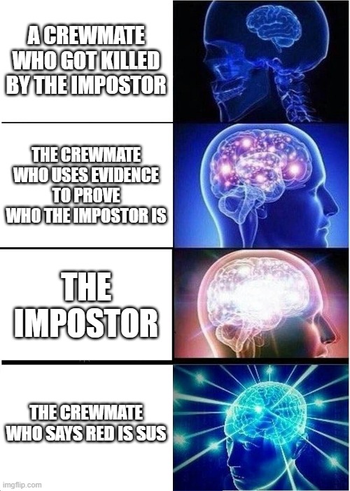 spreading the meme | A CREWMATE WHO GOT KILLED BY THE IMPOSTOR; THE CREWMATE WHO USES EVIDENCE TO PROVE WHO THE IMPOSTOR IS; THE IMPOSTOR; THE CREWMATE WHO SAYS RED IS SUS | image tagged in memes,expanding brain | made w/ Imgflip meme maker