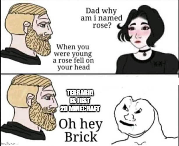 Oh hey Brick | TERRARIA IS JUST 2D MINECRAFT | image tagged in oh hey brick | made w/ Imgflip meme maker