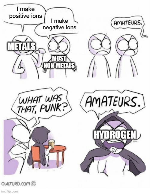 Ionic Bonding in a Single Picture | I make positive ions; I make negative ions; METALS; MOST NON-METALS; HYDROGEN | image tagged in amateurs,chemistry,ions,ionic,hydrogen,element | made w/ Imgflip meme maker