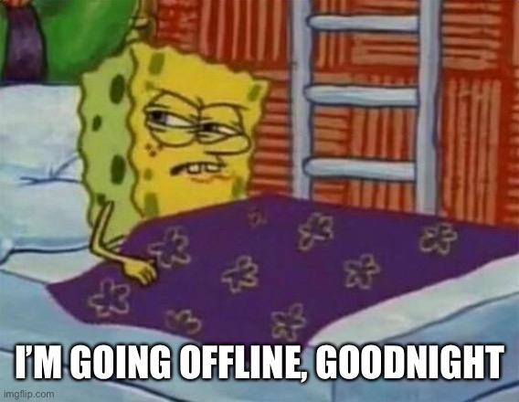spongebob sleeping | I’M GOING OFFLINE, GOODNIGHT | image tagged in spongebob sleeping | made w/ Imgflip meme maker