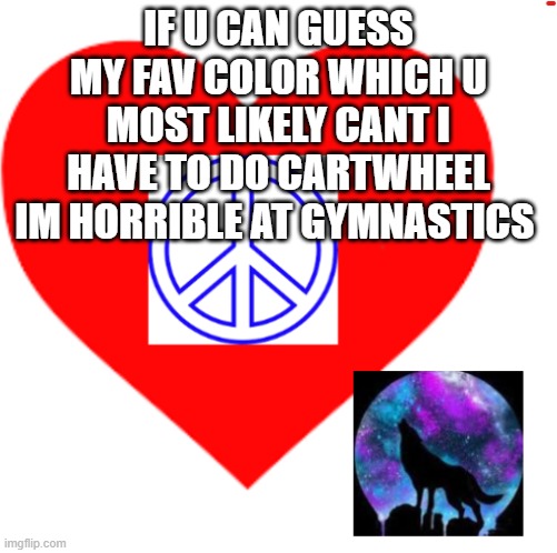 RayRay31's meme | IF U CAN GUESS MY FAV COLOR WHICH U MOST LIKELY CANT I HAVE TO DO CARTWHEEL IM HORRIBLE AT GYMNASTICS | image tagged in rayray31's meme | made w/ Imgflip meme maker