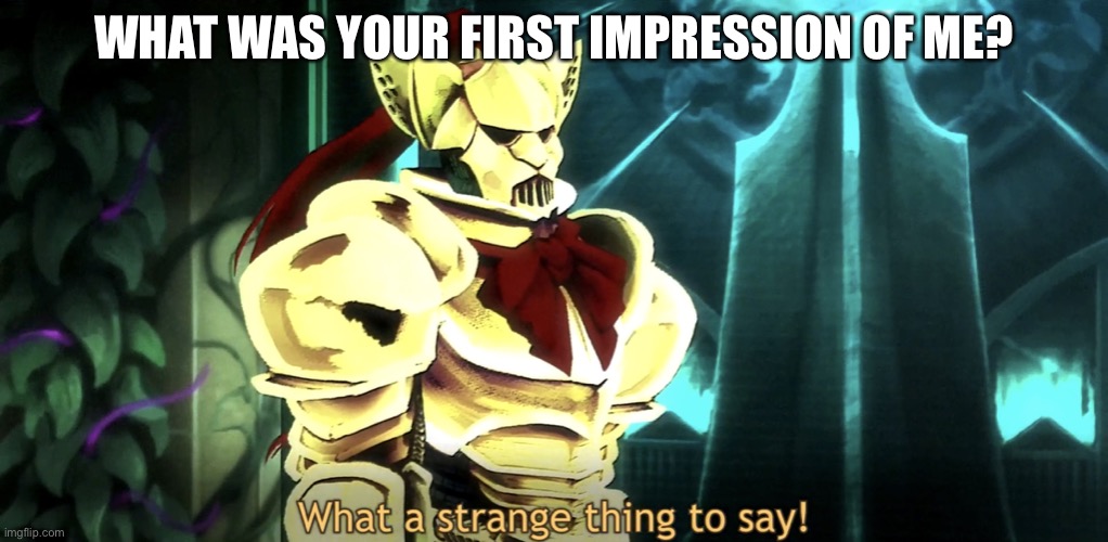 What a strange thing to say! | WHAT WAS YOUR FIRST IMPRESSION OF ME? | image tagged in what a strange thing to say | made w/ Imgflip meme maker