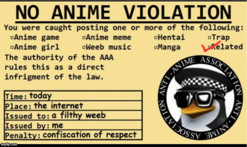 NO ANIME VIOLATION | image tagged in no anime violation | made w/ Imgflip meme maker