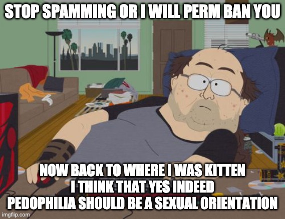 Discord | STOP SPAMMING OR I WILL PERM BAN YOU; NOW BACK TO WHERE I WAS KITTEN I THINK THAT YES INDEED PEDOPHILIA SHOULD BE A SEXUAL ORIENTATION | image tagged in memes,rpg fan,discord | made w/ Imgflip meme maker