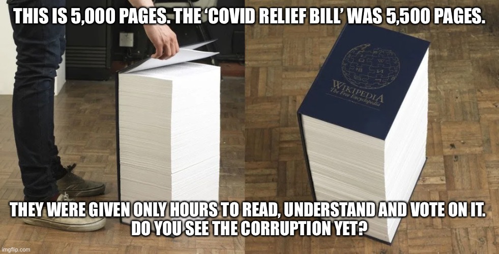 COVID Bill | THIS IS 5,000 PAGES. THE ‘COVID RELIEF BILL’ WAS 5,500 PAGES. THEY WERE GIVEN ONLY HOURS TO READ, UNDERSTAND AND VOTE ON IT. 
DO YOU SEE THE CORRUPTION YET? | image tagged in covid19,congress,nancy pelosi,democrats,corruption,america | made w/ Imgflip meme maker