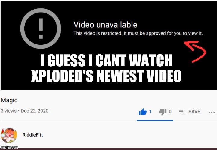 y is dis not available for meh TO FRIKIN WATCH????? | I GUESS I CANT WATCH XPLODED'S NEWEST VIDEO | image tagged in idk,sus,cyan_official | made w/ Imgflip meme maker