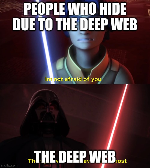 the deep web | PEOPLE WHO HIDE DUE TO THE DEEP WEB; THE DEEP WEB | image tagged in im not afraid of you | made w/ Imgflip meme maker