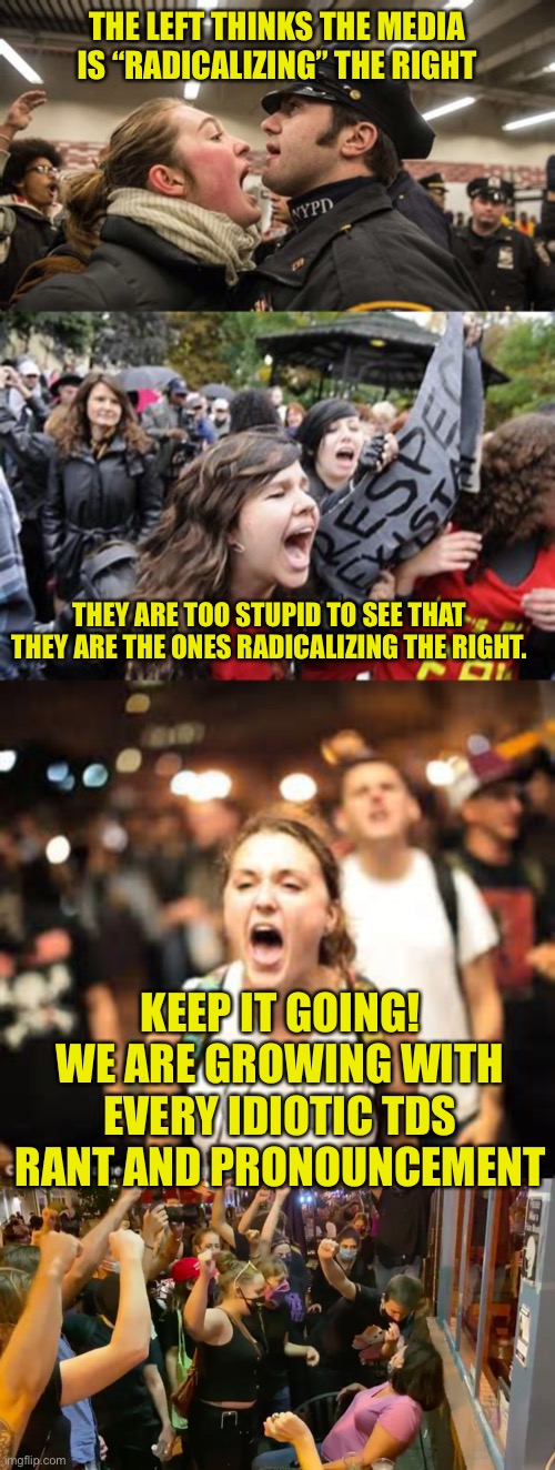 The actions of the Left is the best recruiting tool for the right | THE LEFT THINKS THE MEDIA IS “RADICALIZING” THE RIGHT; THEY ARE TOO STUPID TO SEE THAT THEY ARE THE ONES RADICALIZING THE RIGHT. KEEP IT GOING! WE ARE GROWING WITH EVERY IDIOTIC TDS RANT AND PRONOUNCEMENT | image tagged in leftists,traitors,backstabber,two face,democratic socialism,globalism | made w/ Imgflip meme maker